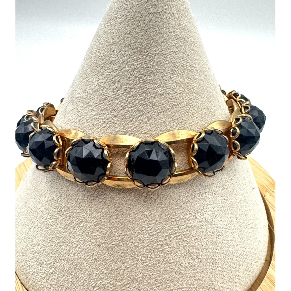Vintage Jet Black Bracelet Faceted Glass Gold Tone Link Tennis MCM